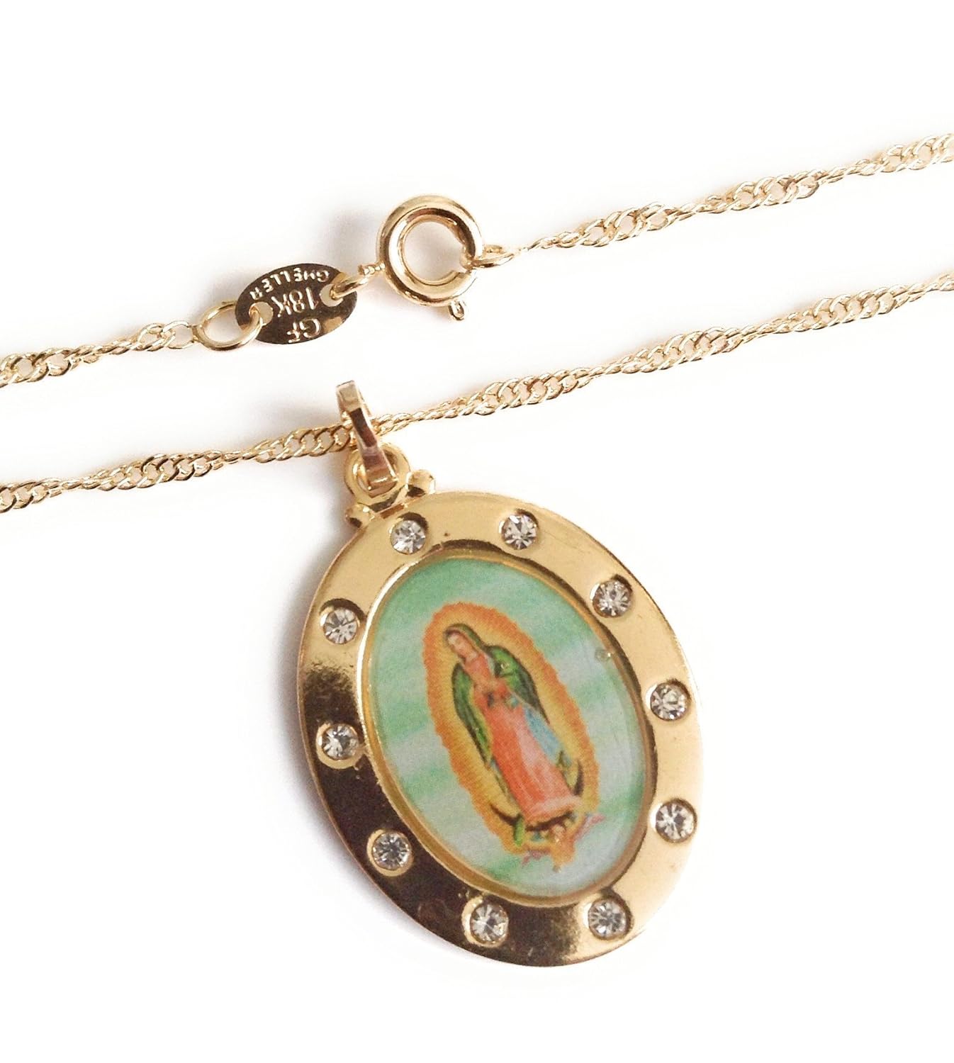 La Virgen de Guadalupe Medal Necklace 17.2 Inches Spiral Chain - BigGreenBear.com jewelry 39.89 USD Big Green Bear