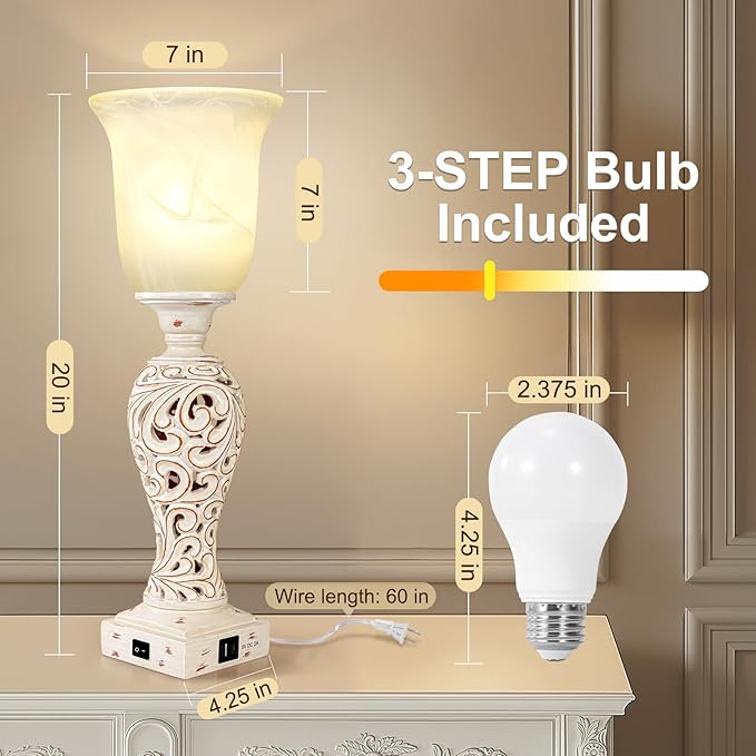 Vintage Desk Lamp with Glass Shade, 3-Way Dimmable with 2 USB Charging Ports 20" - BigGreenBear.com table lamp 69.99 USD Big Green Bear