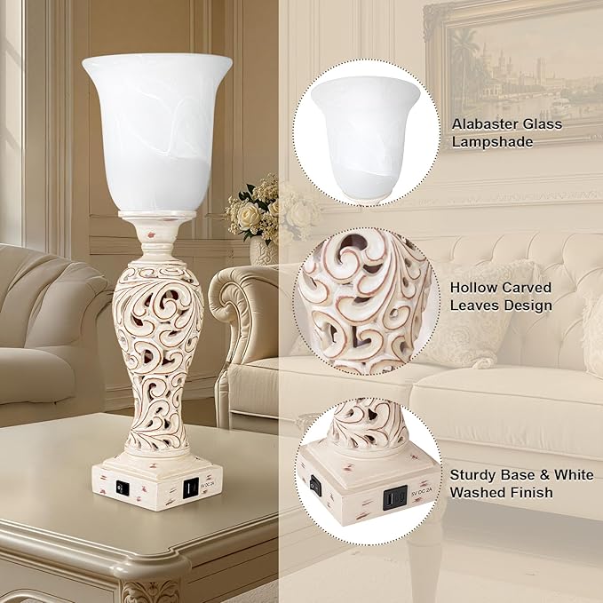 Vintage Desk Lamp with Glass Shade, 3-Way Dimmable with 2 USB Charging Ports 20" - BigGreenBear.com table lamp 69.99 USD Big Green Bear