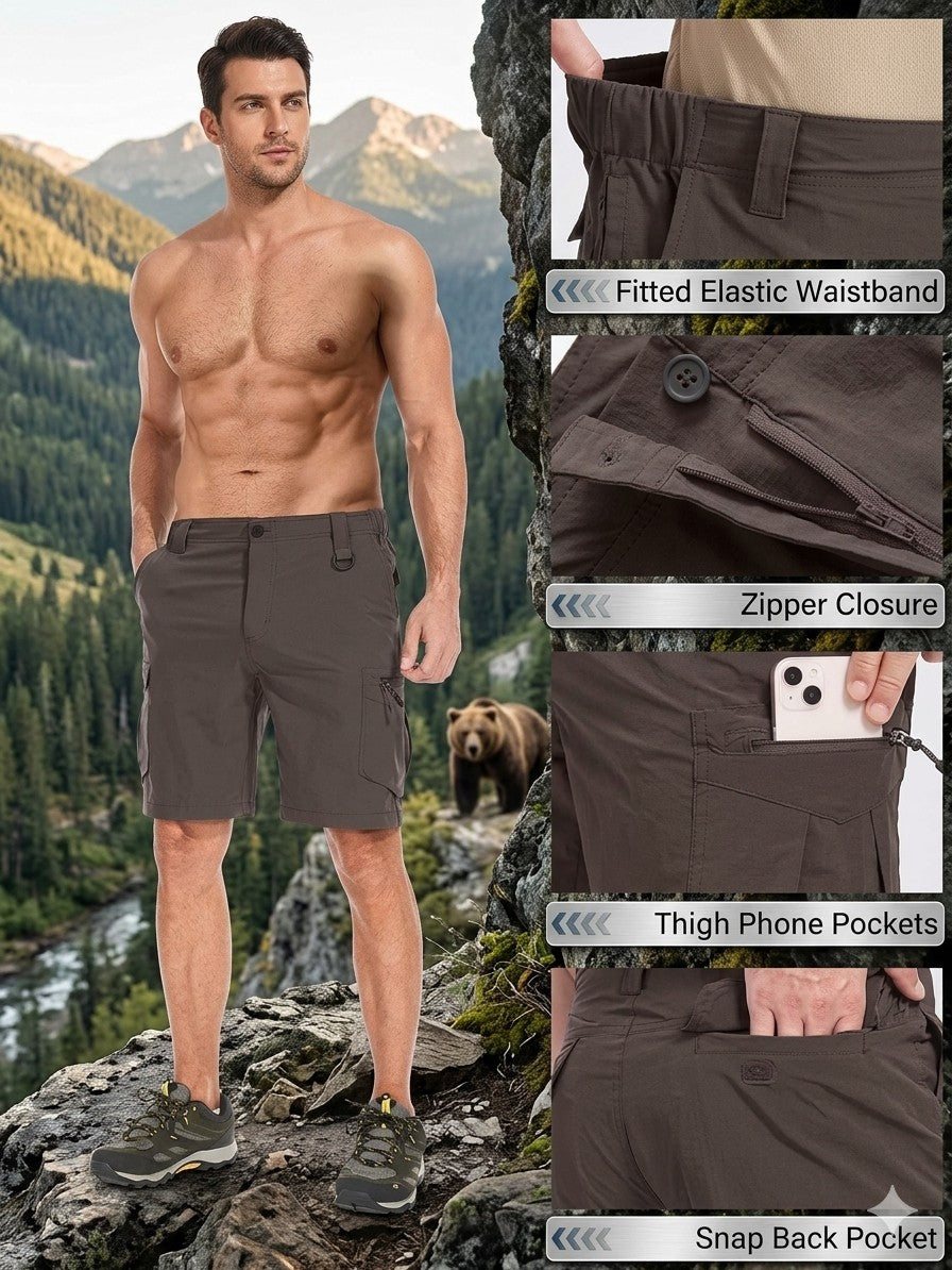 Man wearing brown shorts with mountain and bear background, showing product features.