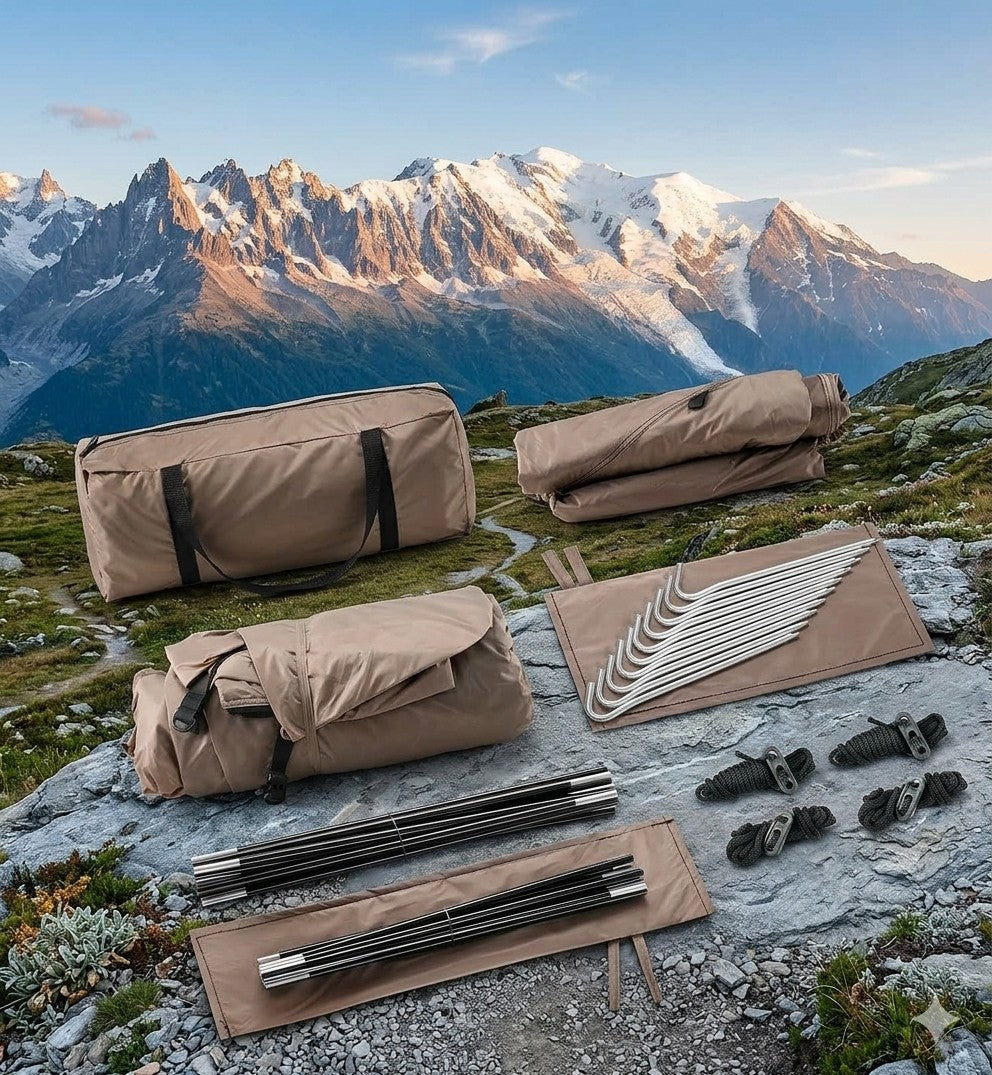 Outdoor camping gear including tents and equipment on a mountainous landscape.