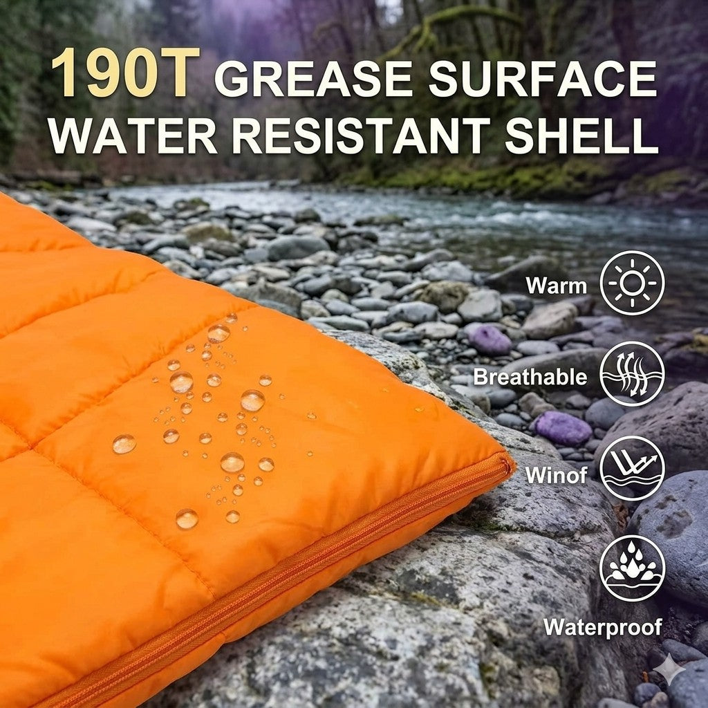 Orange water-resistant shell on a rocky surface with text highlighting features
