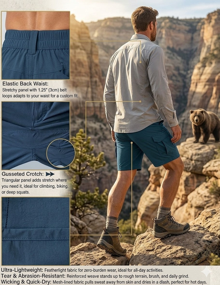 "Rugged outdoor scene featuring a man wearing Big Green Bear cargo shorts on a mountain trail, with a brown bear in the background."
