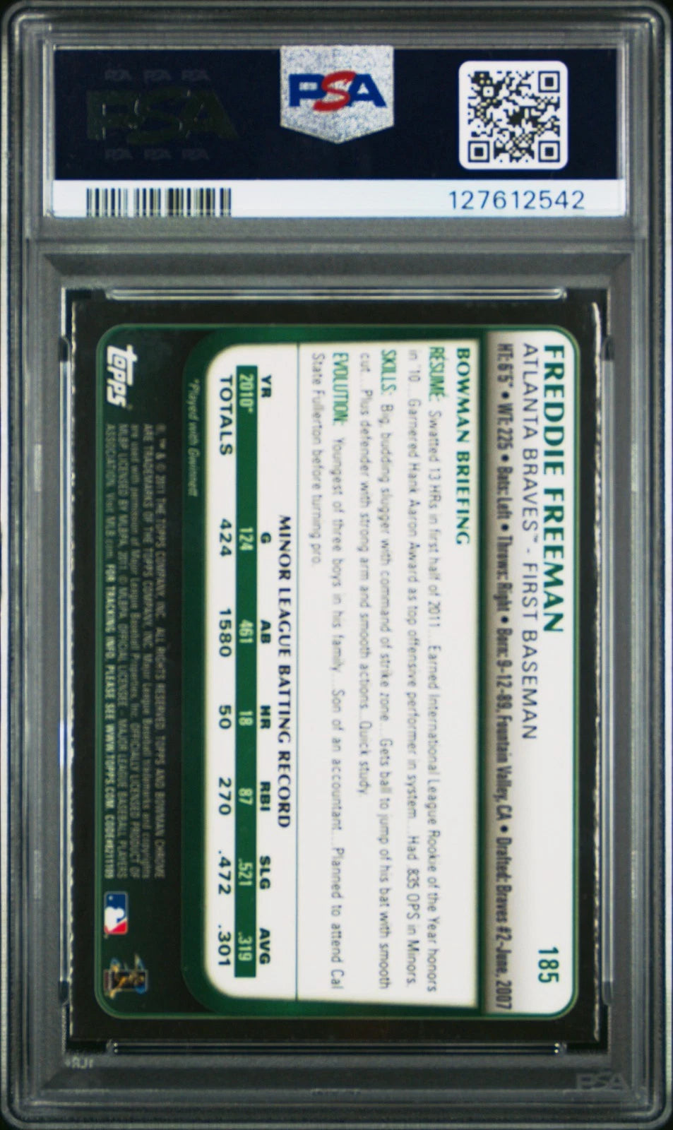 Freddie Freeman 2011 Bowman Chrome Baseball Rookie Card #185 Graded PSA 9 - BigGreenBear.com Baseball cards 198.00 USD Big Green Bear