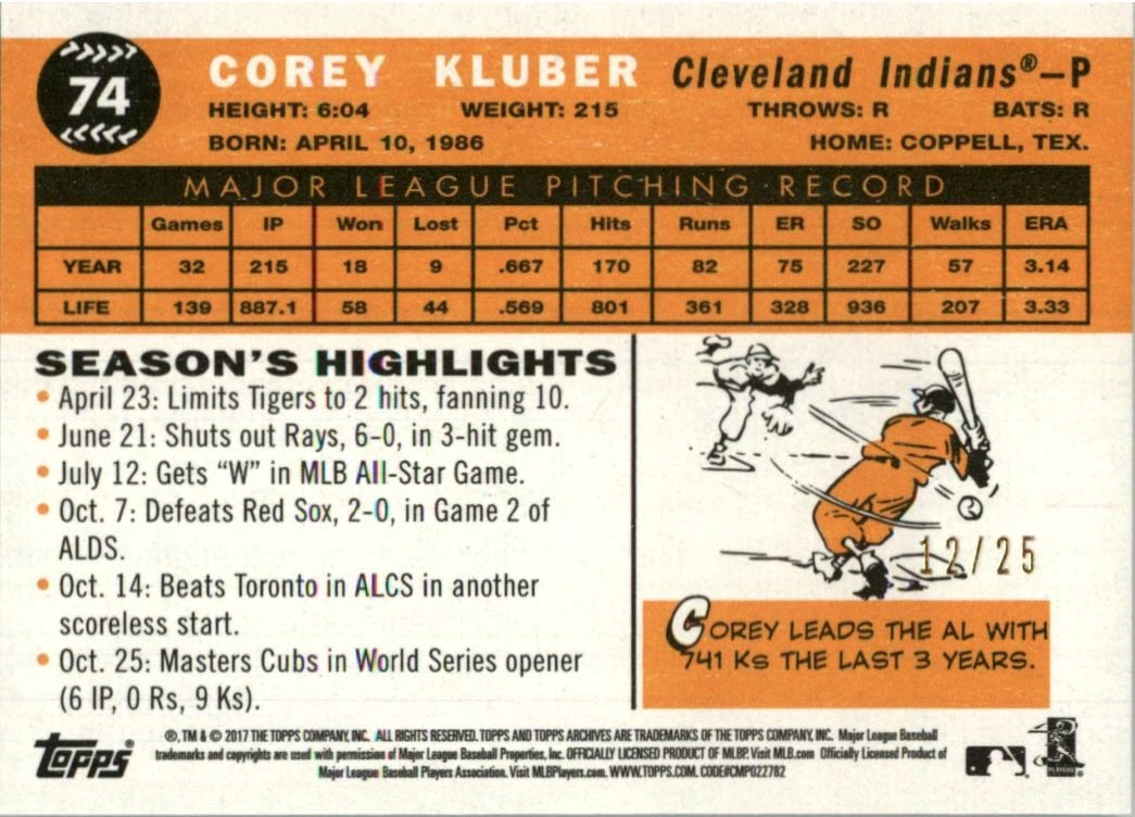 2017 Topps Archives Red #74 Corey Kluber /25 - BigGreenBear.com Baseball cards 13.99 USD