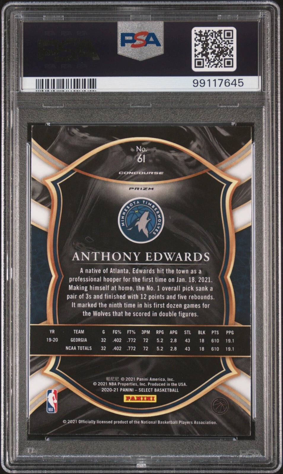 2020 Panini Select Anthony Edwards #61 Blue Prizm Rookie Card RC PSA 10 Gem Mint