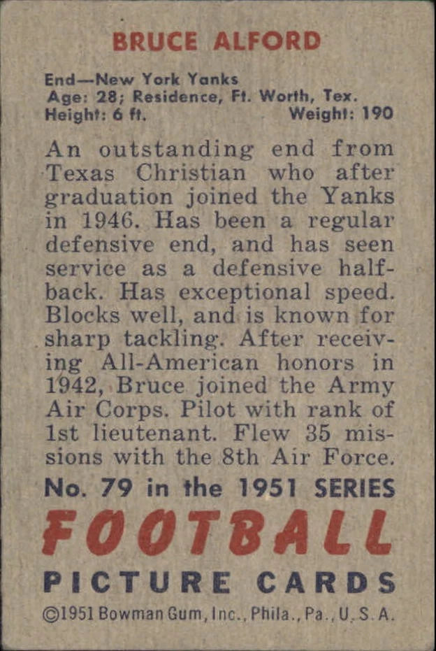 1951 Bowman New York Yankees Football Card #79 Bruce Alford RC - BigGreenBear.com Baseball cards 11.99 USD