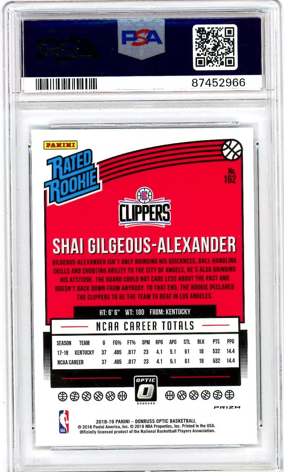 PSA 10 2018 -19 Panini Donruss Optic #162 Shai Gilgeous Alexander Choice RC