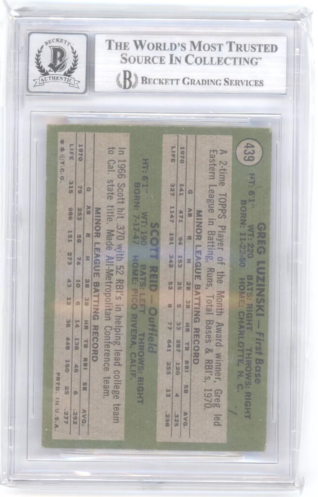 GREG LUZINSKI SIGNED THE BULL 1971 TOPPS ROOKIE 439 BAS BGS 10 AUTO