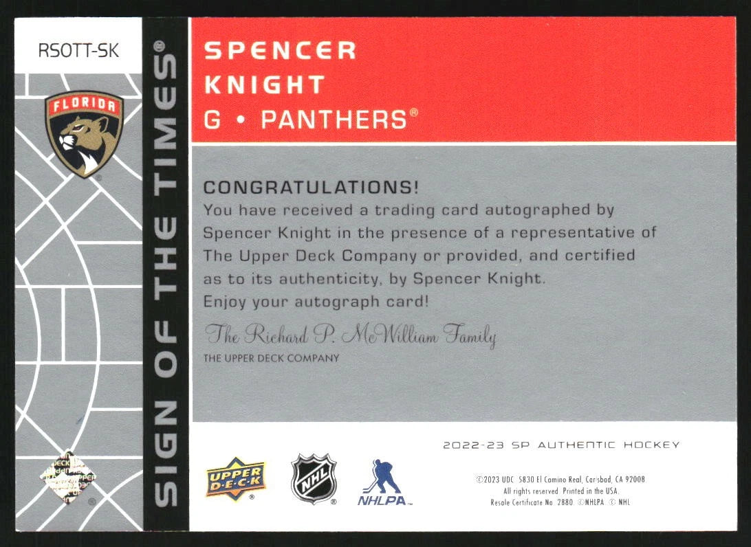 2022-23 SP Authentic '02-03 Retro Sign of the Times #RSOTTSK Spencer Knight - BigGreenBear.com hockey card 29.95 USD Big Green Bear
