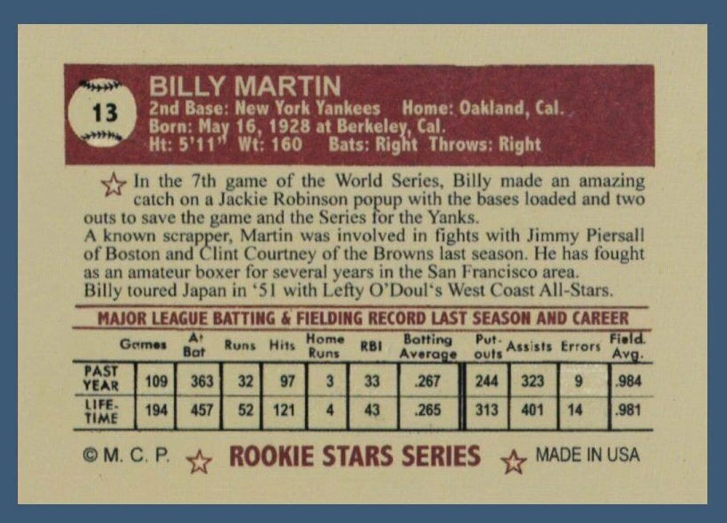 Billy Martin NY Yankees / MC Rookie Stars #13 - BigGreenBear.com Baseball cards 7.99 USD