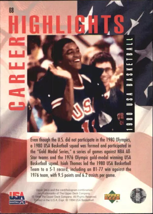 1994 Upper Deck USA Pistons Basketball Card #68 Isiah Thomas/1980 USAB