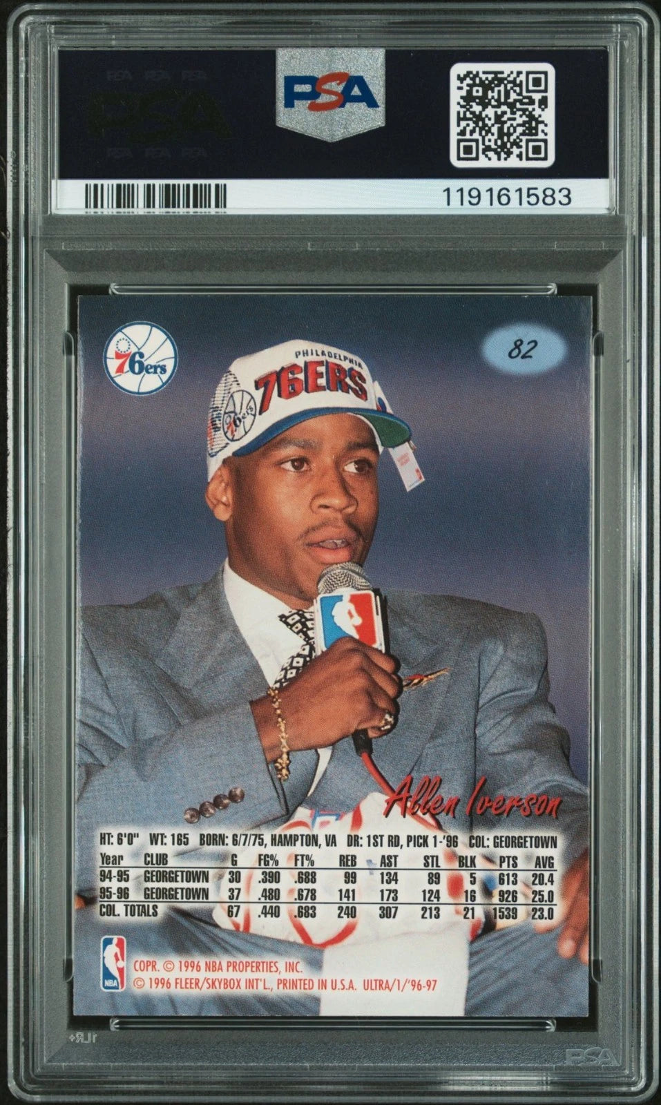 Allen Iverson 1996 Fleer Ultra Signed Basketball Rookie Card #82 Auto PSA 10 583 - BigGreenBear.com trading cards 320.00 USD Big Green Bear