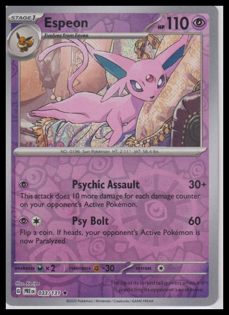 2025 Espeon 033/131 - Prismatic Evolutions - Reverse Holo Pokemon Card - BigGreenBear.com Pokemon card 2.99 USD Big Green Bear