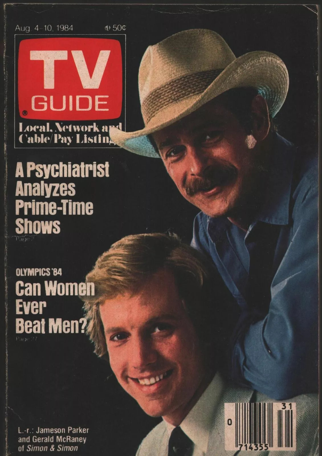TV Guide - Aug 4, 1984 - Simon & Simon - Jameson Parker, Gerald McRaney - BigGreenBear.com Magazine 12.25 USD Big Green Bear
