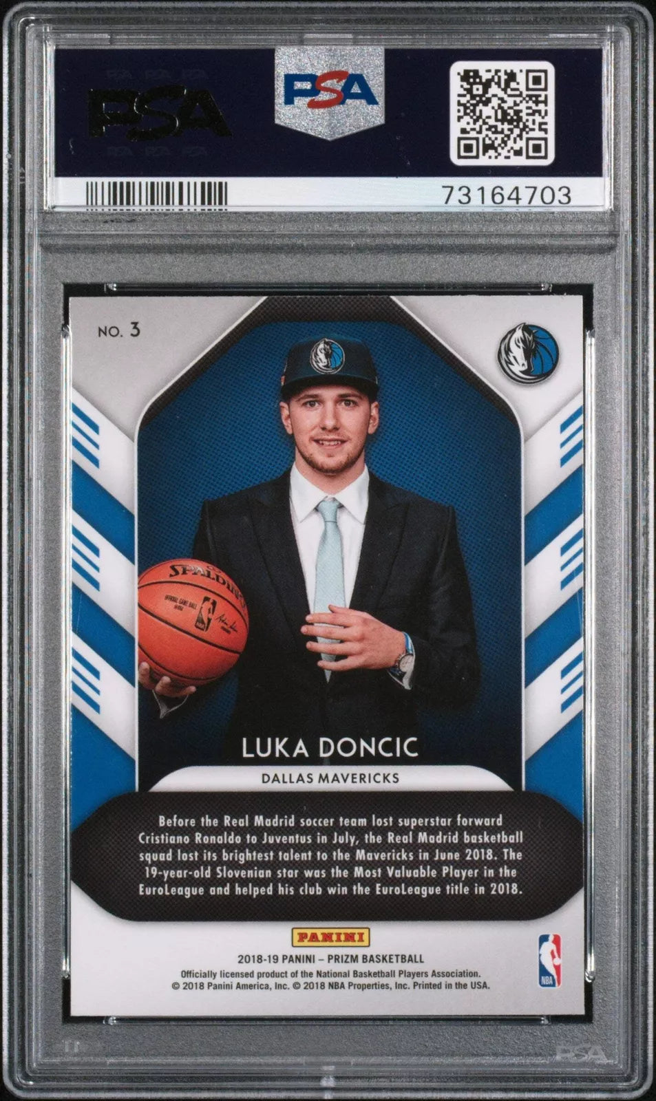2018 Panini Prizm Luka Doncic #3 Luck Lottery RC Basketball Card PSA 10