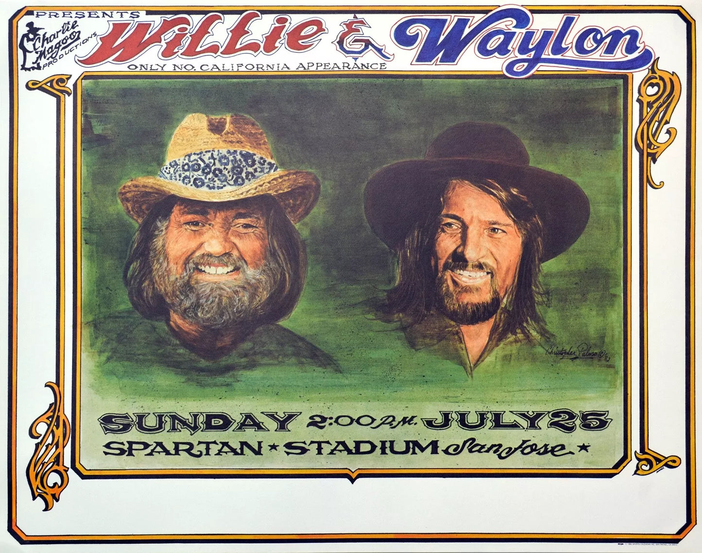 Willie Nelson & Waylon Jennings – Vintage 1982 Concert Poster, Original Art - BigGreenBear.com Poster 36.00 USD Big Green Bear