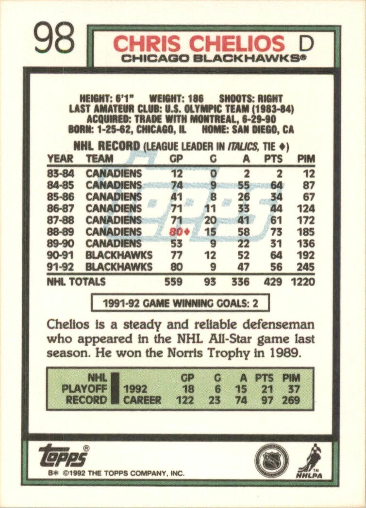 Chris Chelios 1992 Topps #98 Hockey Cards Hockey Card NM - BigGreenBear.com hockey card 2.99 USD Big Green Bear