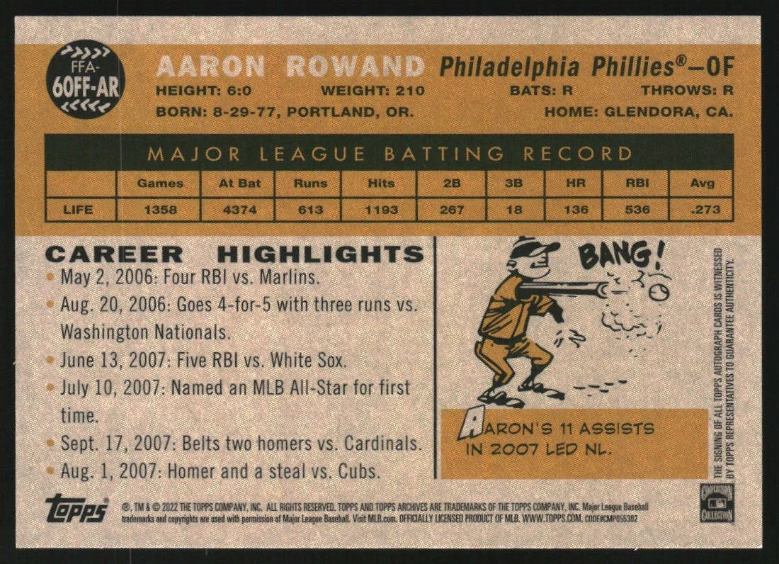 2022 Topps Archives '60 Fan Favorites Autographs #60FFAR Aaron Rowand - BigGreenBear.com Baseball cards 7.99 USD