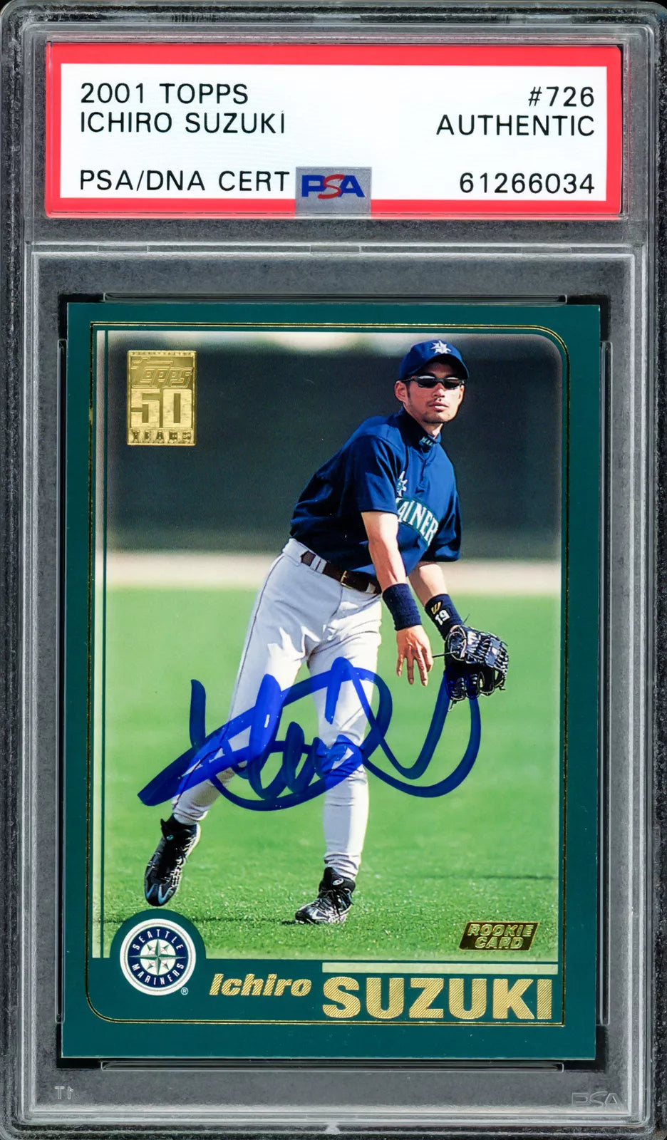 ICHIRO SUZUKI AUTOGRAPHED 2001 TOPPS ROOKIE CARD #726 MARINERS PSA/DNA - BigGreenBear.com Baseball cards 298.00 USD Big Green Bear