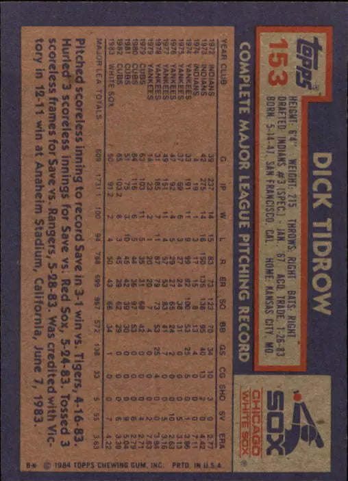 1984 Topps Chicago White Sox Baseball Card #153 Dick Tidrow