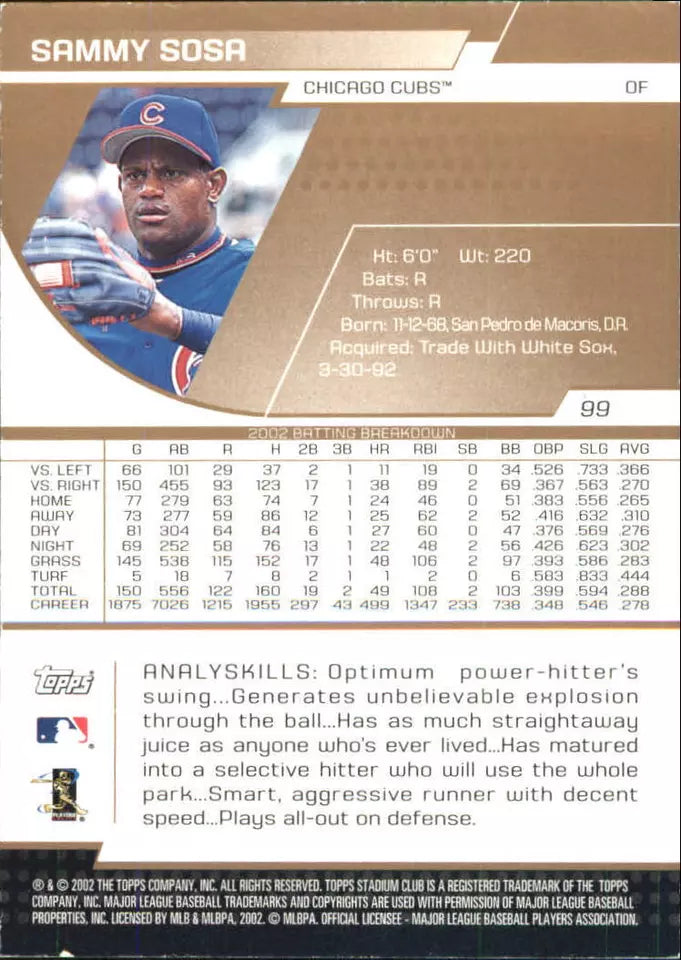 2003 Stadium Club Royal Gold Chicago Cubs Baseball Card #99 Sammy Sosa