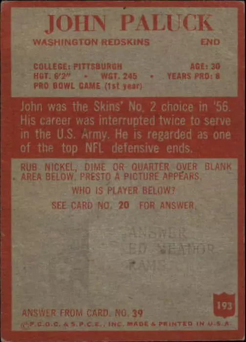 1965 Philadelphia Football Card #193 John Paluck
