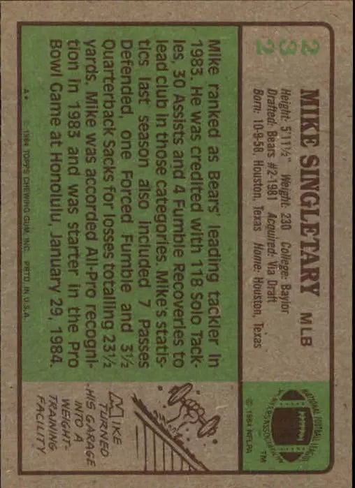 1984 Topps Football Card #232 Mike Singletary