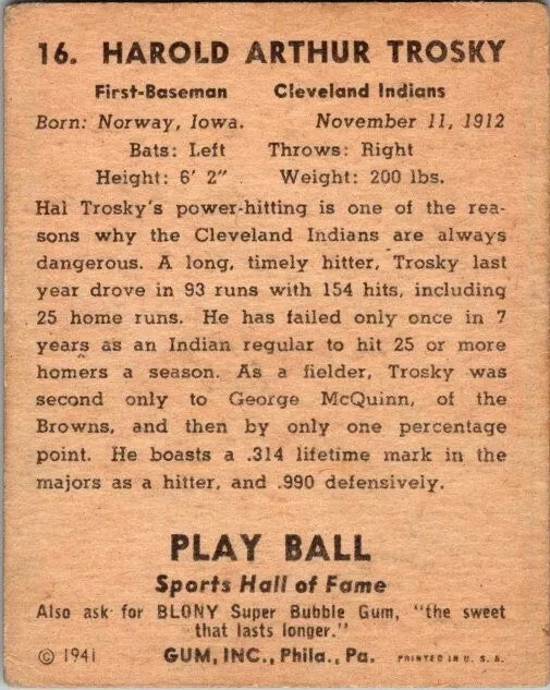 1941 Play Ball HAL TROSKY Cleveland Indians #16 - BigGreenBear.com Baseball cards 39.00 USD Big Green Bear