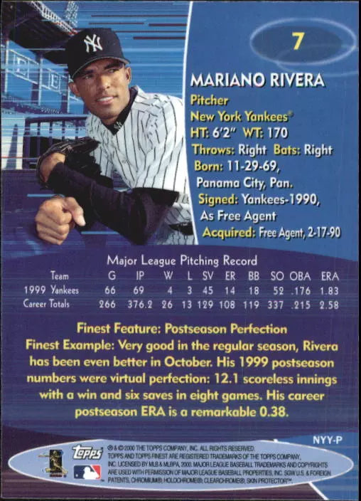 2000 Finest Baseball Card #7 New York Yankees Mariano Rivera