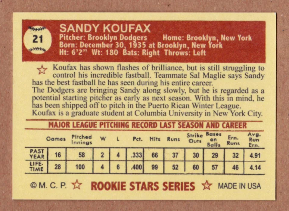 Sandy Koufax '56 Brooklyn Dodgers Rookie Stars #21 - BigGreenBear.com Baseball cards 14.95 USD Big Green Bear