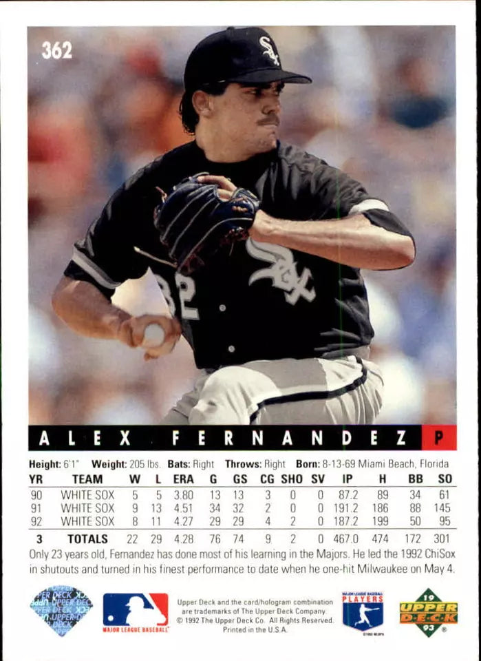 1993 Upper Deck Baseball Card #362 Alex Fernandez