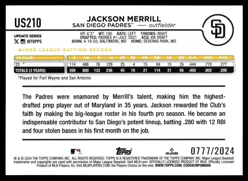 2024 Topps Update - #US210 Jackson Merrill Gold Foil RC Rookie
