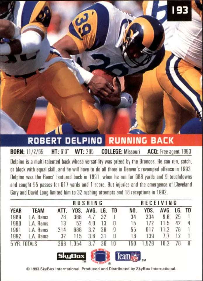 1993 SkyBox Premium Football Card #193 Robert Delpino