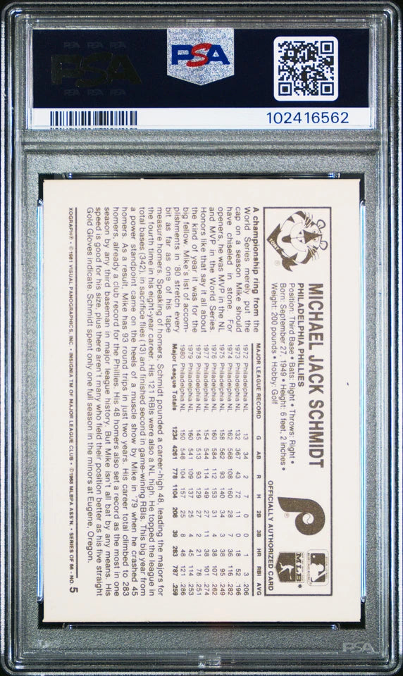 1981 KELLOGGS #5 MIKE SCHMIDT PSA 8 PHILADELPHIA PHILLIES HOF CARD