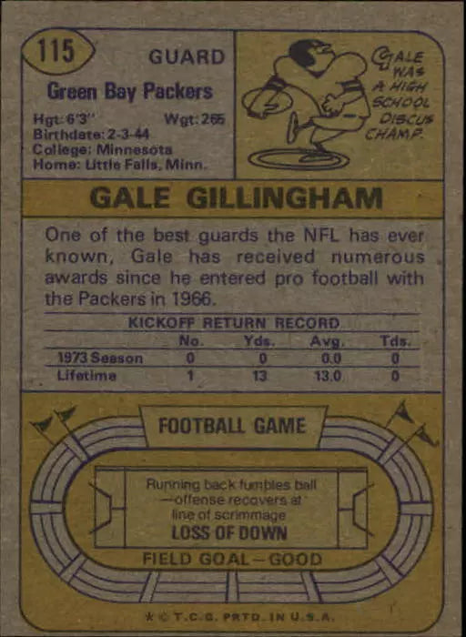 1974 Topps Football Card #115 Gale Gillingham - BigGreenBear.com Football card 0.45 USD Big Green Bear
