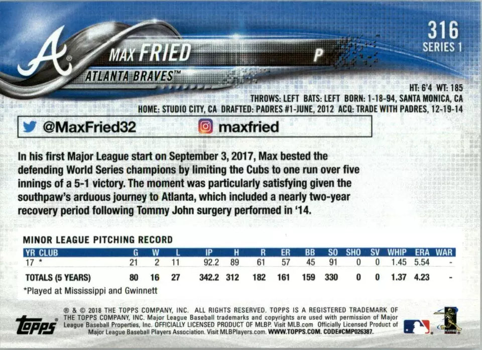 2018 Topps Atlanta Braves Baseball Card #316 Max Fried RC - BigGreenBear.com Baseball cards 0.60 USD Big Green Bear