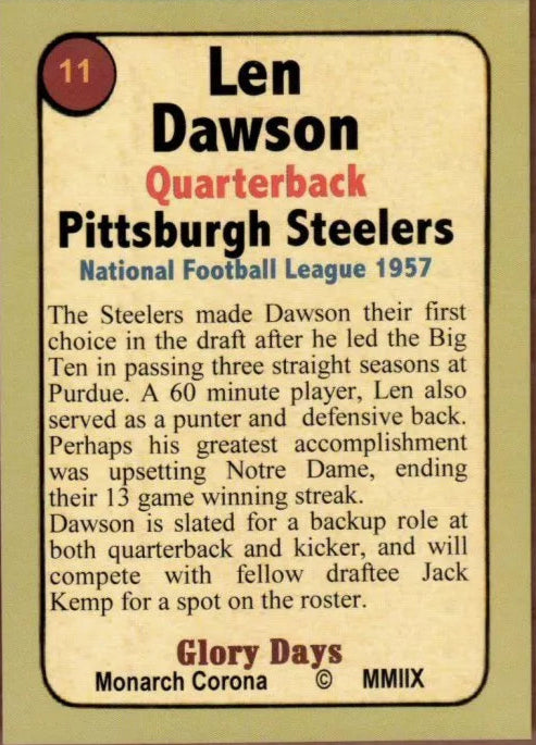 Len Dawson 1957 Pittsburgh Steelers rookie season MC Glory Days #11 - BigGreenBear.com Football card 9.95 USD Big Green Bear