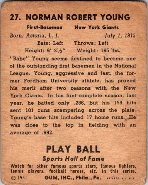 1941 Play Ball #27 Babe Young Baseball Card 3O
