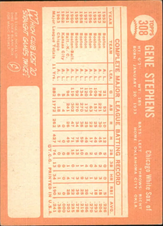 1964 Topps Baseball Card #308 Gene Stephens