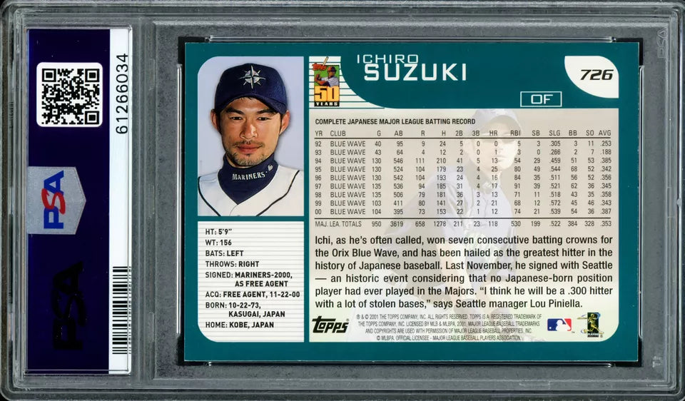 ICHIRO SUZUKI AUTOGRAPHED 2001 TOPPS ROOKIE CARD #726 MARINERS PSA/DNA - BigGreenBear.com Baseball cards 298.00 USD Big Green Bear