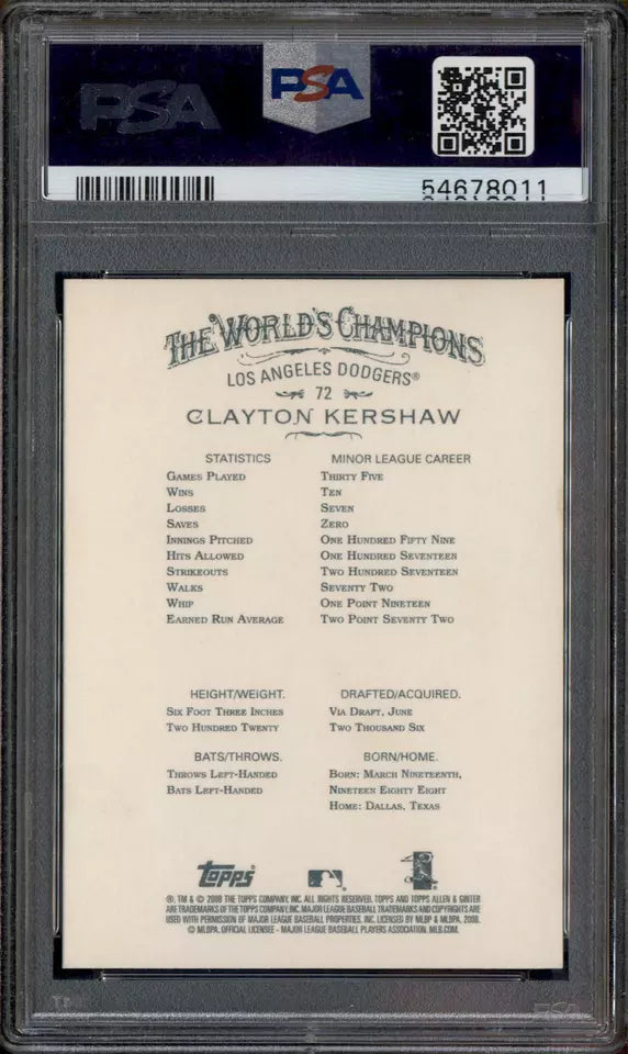 2008 Topps Allen & Ginter #72 Clayton Kershaw RC Rookie PSA 8