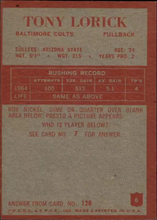 1965 Philadelphia Baltimore Colts Football Card #6 Tony Lorick RC - BigGreenBear.com Football card 0.65 USD Big Green Bear