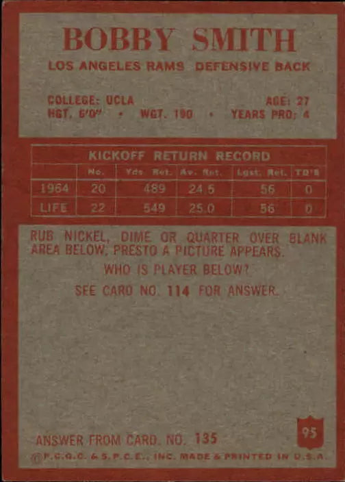 1965 Philadelphia Football Card #95 Bobby Smith RC