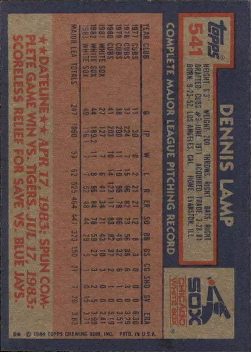 1984 Topps Chicago White Sox Baseball Card #541 Dennis Lamp