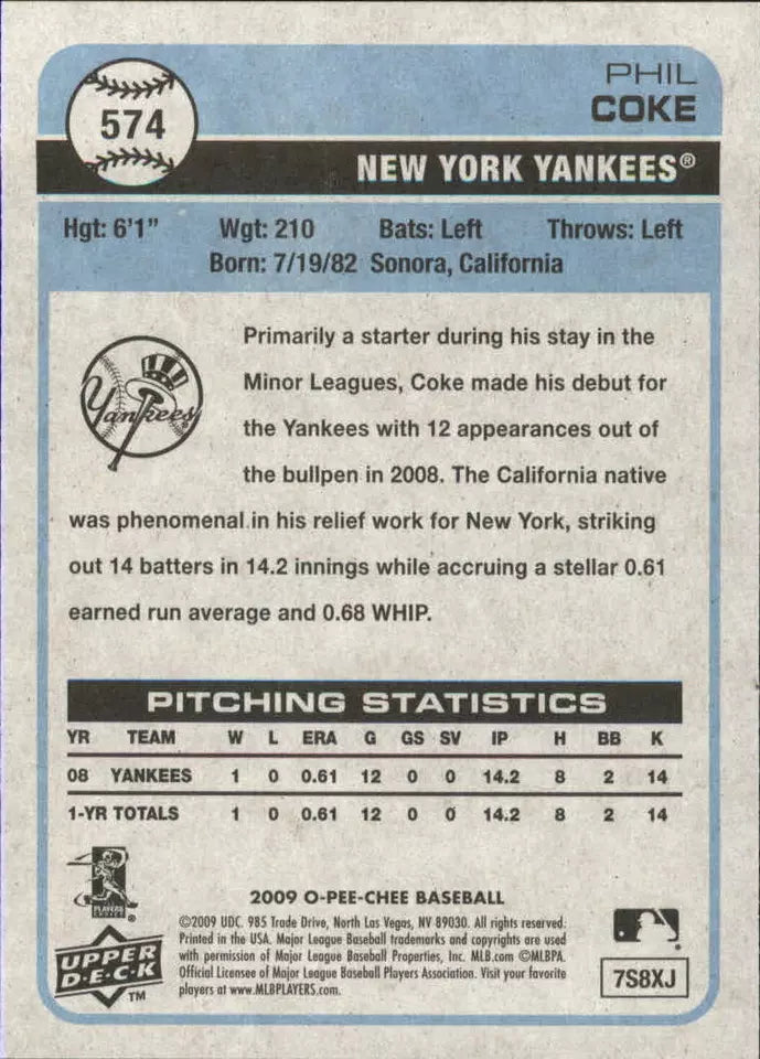 2009 O-Pee-Chee New York Yankees Baseball Card #574 Phil Coke Rookie
