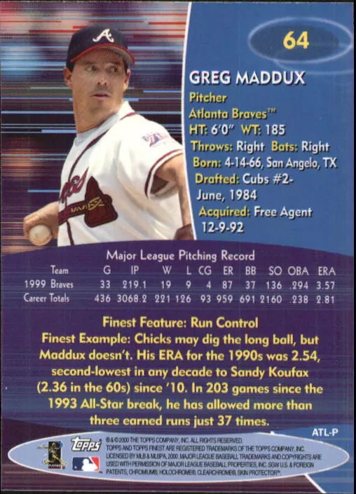 2000 Finest Atlanta Braves Baseball Card #64 Greg Maddux