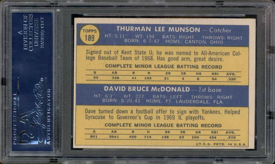 1970 Topps #189 Yankees Rookies Thurman Munson Dave McDonald PSA 6 - BigGreenBear.com Baseball cards 145.00 USD Big Green Bear