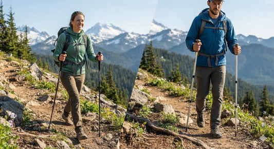"Split-screen comparison image of two hikers on a scenic mountain trail; a woman on the left comfortably uses sleek black carbon fiber trekking poles