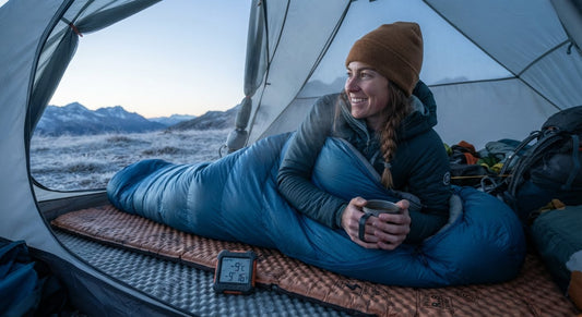 A woman smiles inside a camping tent while tucked into a blue mummy sleeping bag on a sleeping pad with a cold mountain landscape and a bear in the distance.